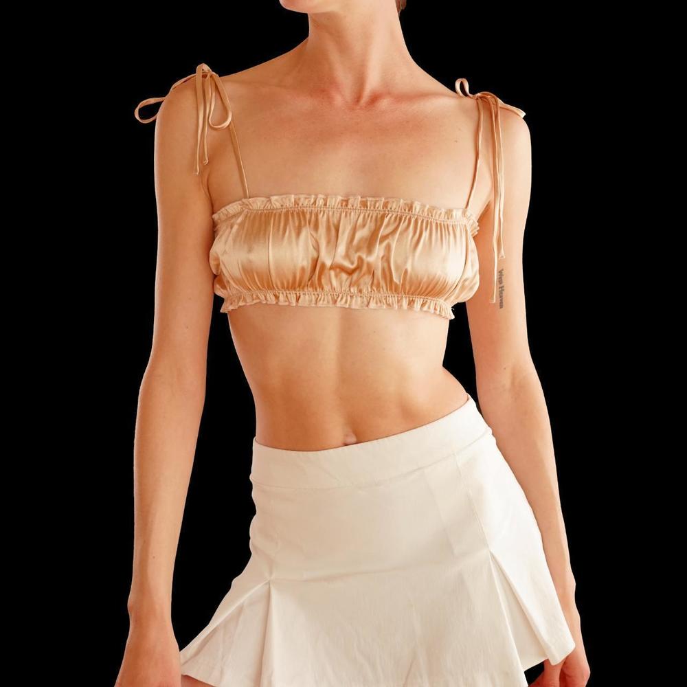 Are You Am I champagne ruched silk crop tank top. Size S.